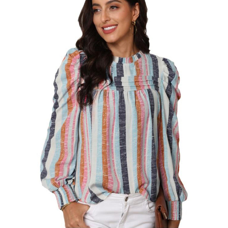 Thin Simple Striped Chiffon Shirt Women's New Autumn Pullover Round Neck Long Sleeve Blouse Women
