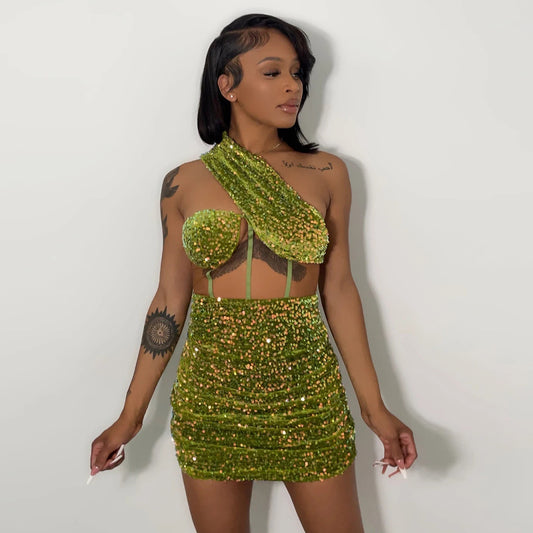 Green Sequin Mesh Perspective Oblique Shoulder Backless Chest Wrap Pleated Hip Skirt Wish Dress Female