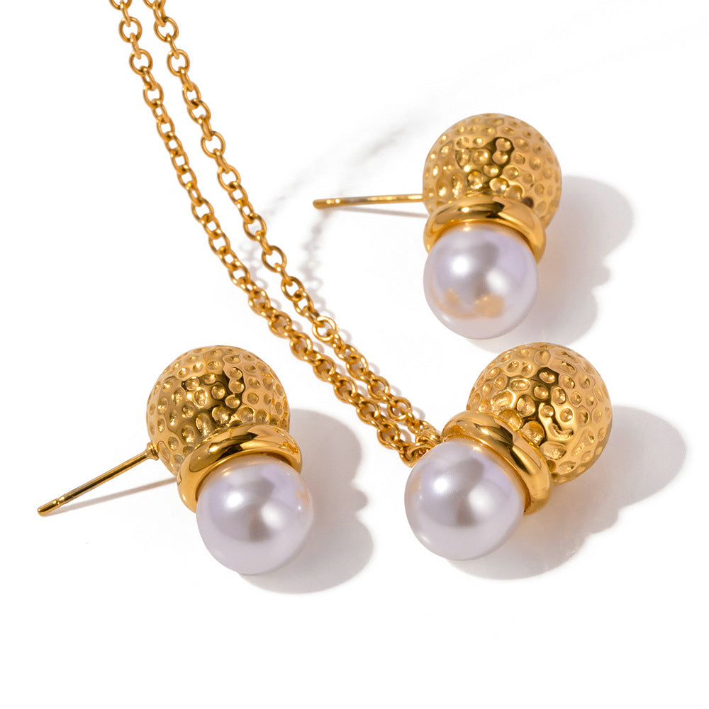 5pcs 18K Gold Stainless Steel Shell Pearl Flower Hammer Pearl Pendant Necklace Earrings Combination