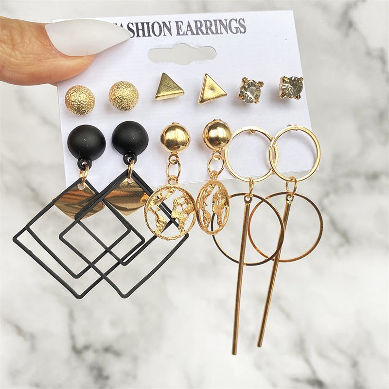 5 Sets New Retro Style Geometric Earrings 6 pairs Set Female Niche High-Grade Metal Stud Jewelry Set