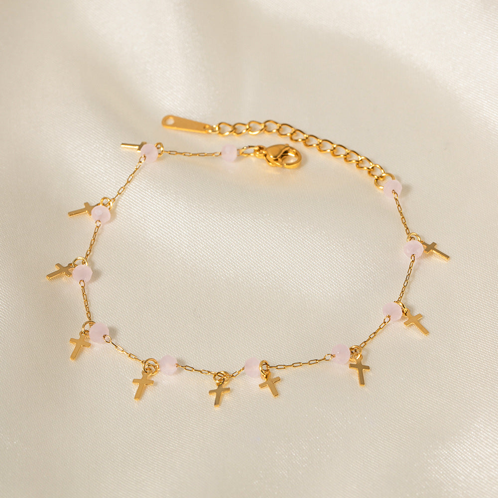 5pcs 18K Gold Stainless Steel Color Natural Stone Beads String Cross Fringe Bracelet Do Not Fade Jewelry