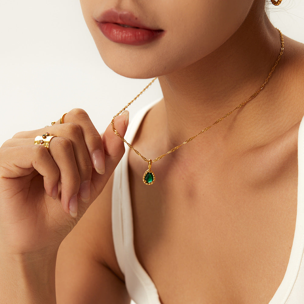 5pcs 18K Gold Plated Stainless Steel Twist Chain Inlaid With Green/Color/White Zircon Drop Pendant Necklace For Women