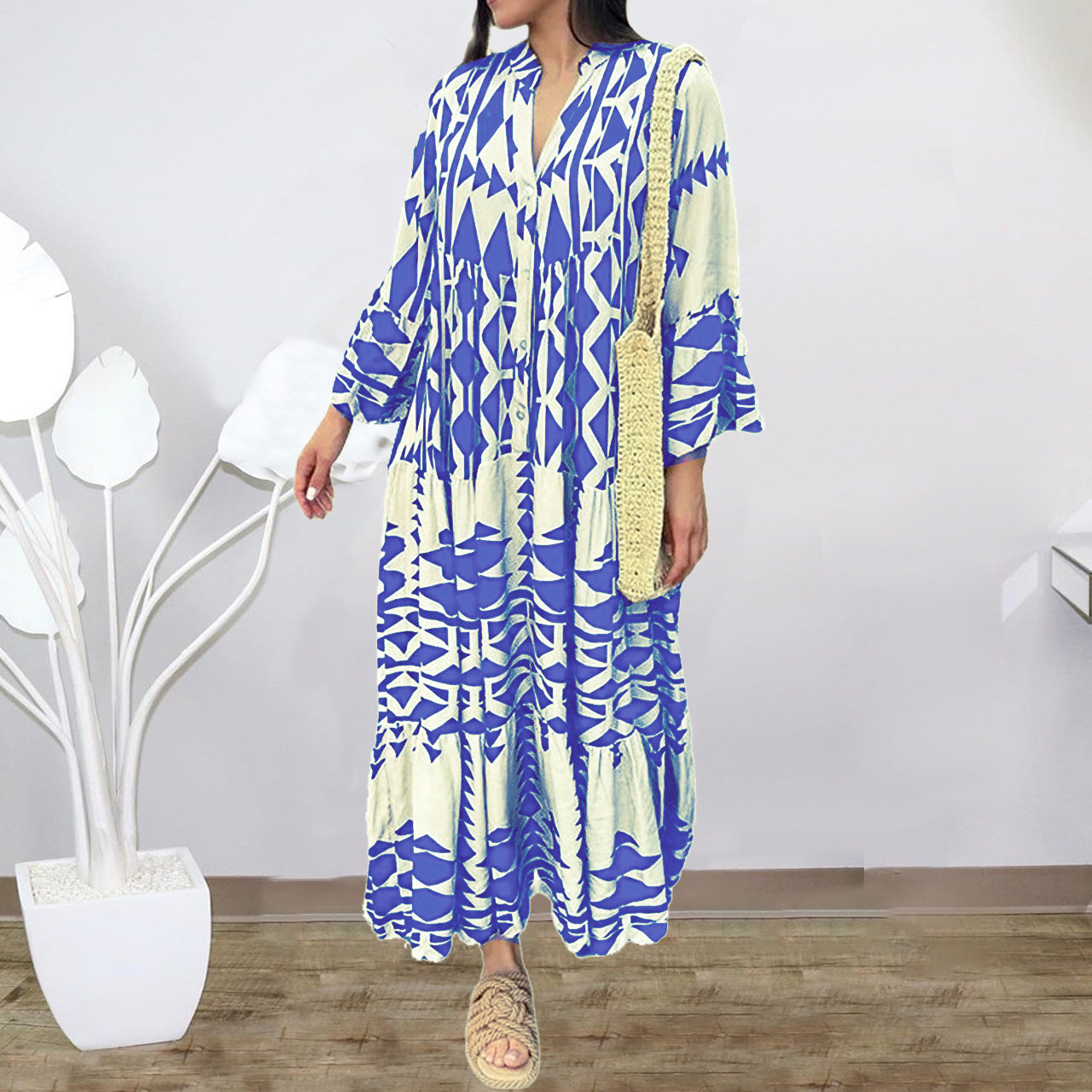 Large Size Women's Dress Autumn New Pullover Printed Bohemian Dress Women