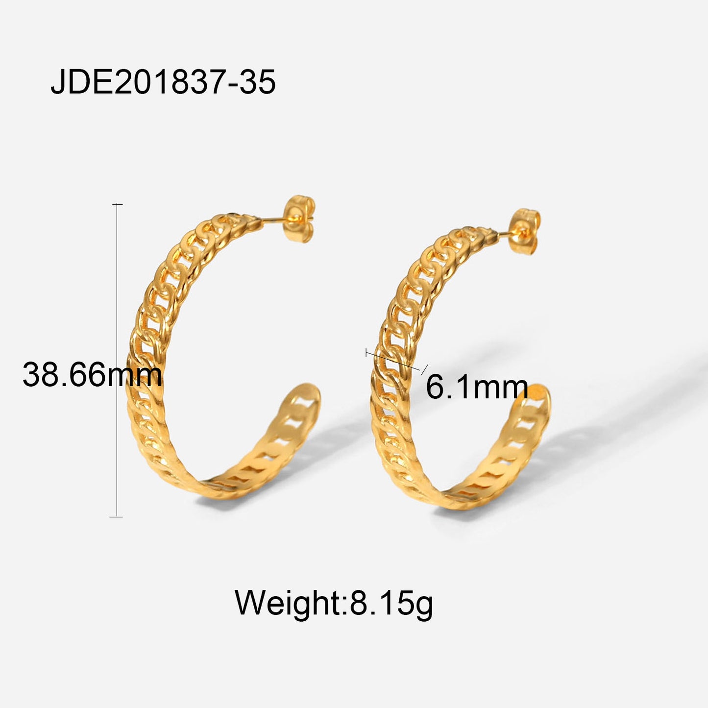 5pcs 18K Gold-Plated Stainless Steel Hoop Earrings 35Mm Gold Titanium Steel Cuban Chain C-Chain Earrings For Women