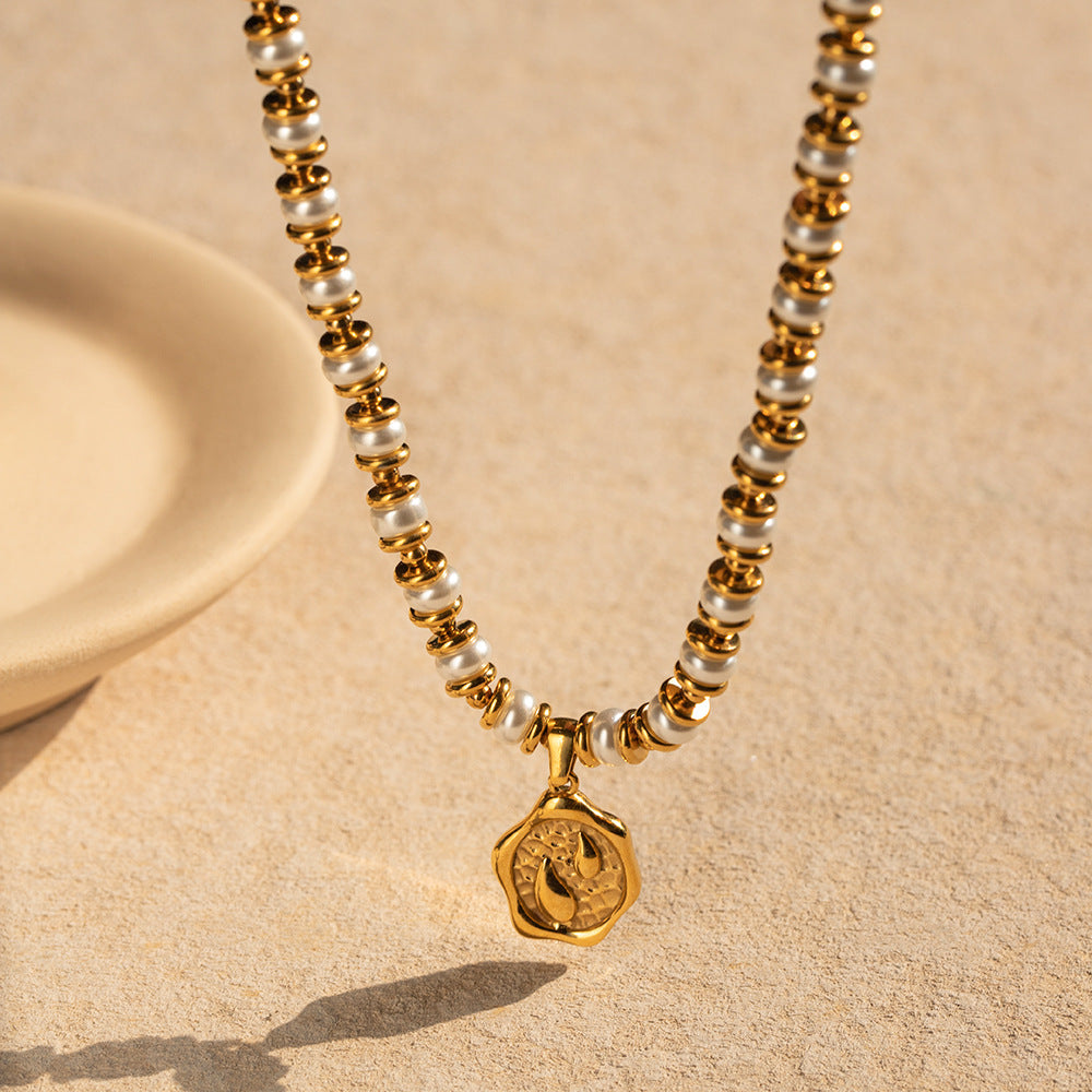 5pcs Fashion Popular 18K Gold Stainless Steel Inlaid Pearl Coin Pendant Necklace Jewelry