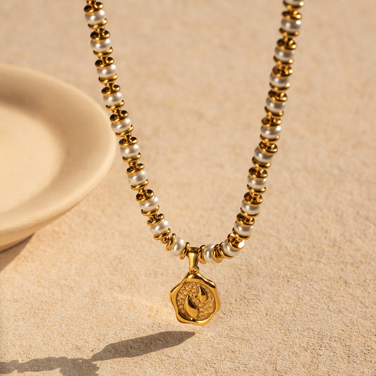 5pcs Fashion Popular 18K Gold Stainless Steel Inlaid Pearl Coin Pendant Necklace Jewelry