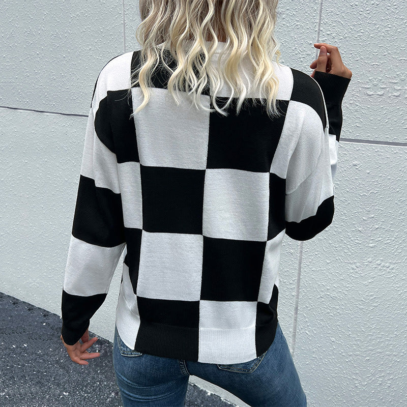 New Autumn And Winter Fashion Women's Long-Sleeved Black And White Checkerboard Sweater