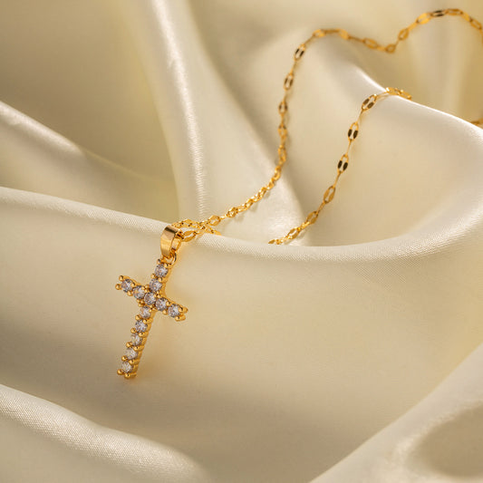 5pcs 18K Stainless Steel Inset White Zircon Cross Pendant Necklace Does Not Fade The Color Of The Niche Jewelry