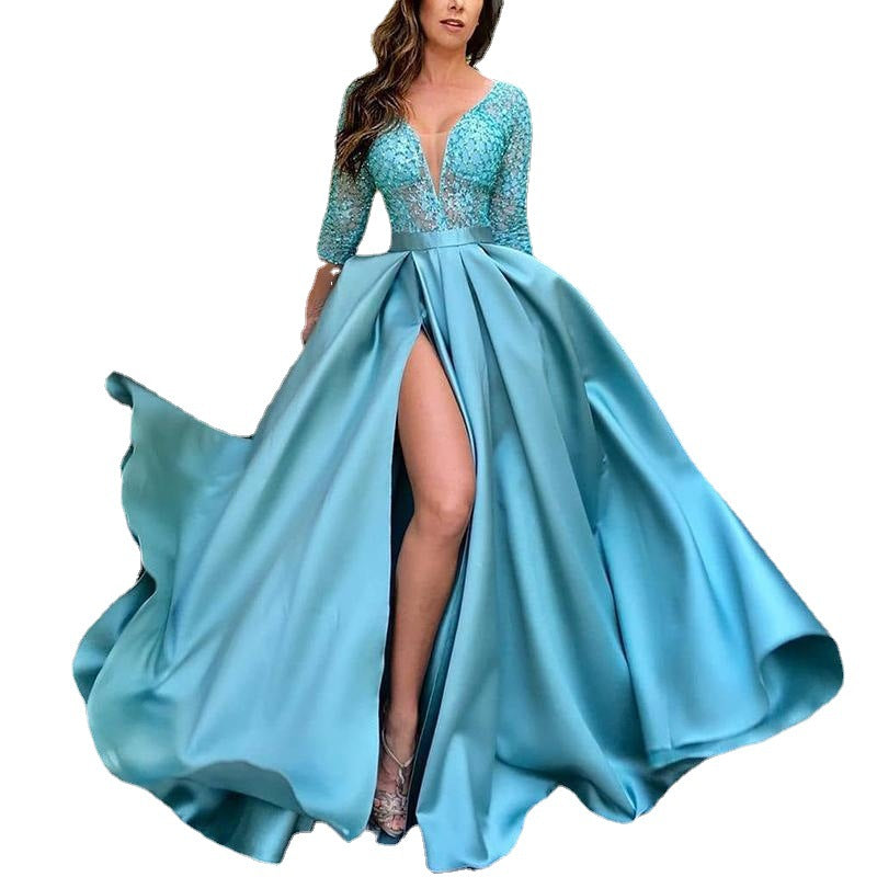 New Women's Lace Sequin Sexy Dress Train Dinner Gown