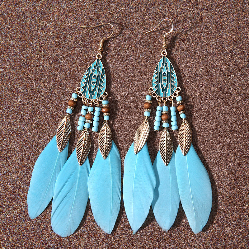 Water Drop Fringe Feather Earrings Women's Long Boho Rice Beads Ears Ethnic Wind Travel Holiday Accessories