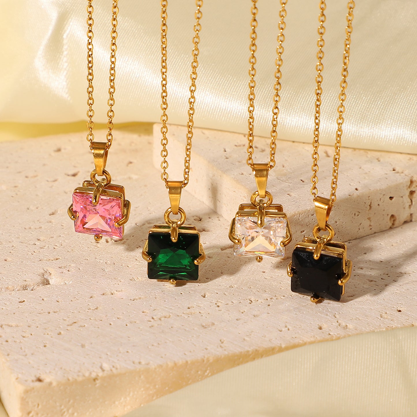 5pcs Elegant Pendant Necklace 18K Gold Stainless Steel Large White // Green/Black Square Zirconium Pendant Necklace