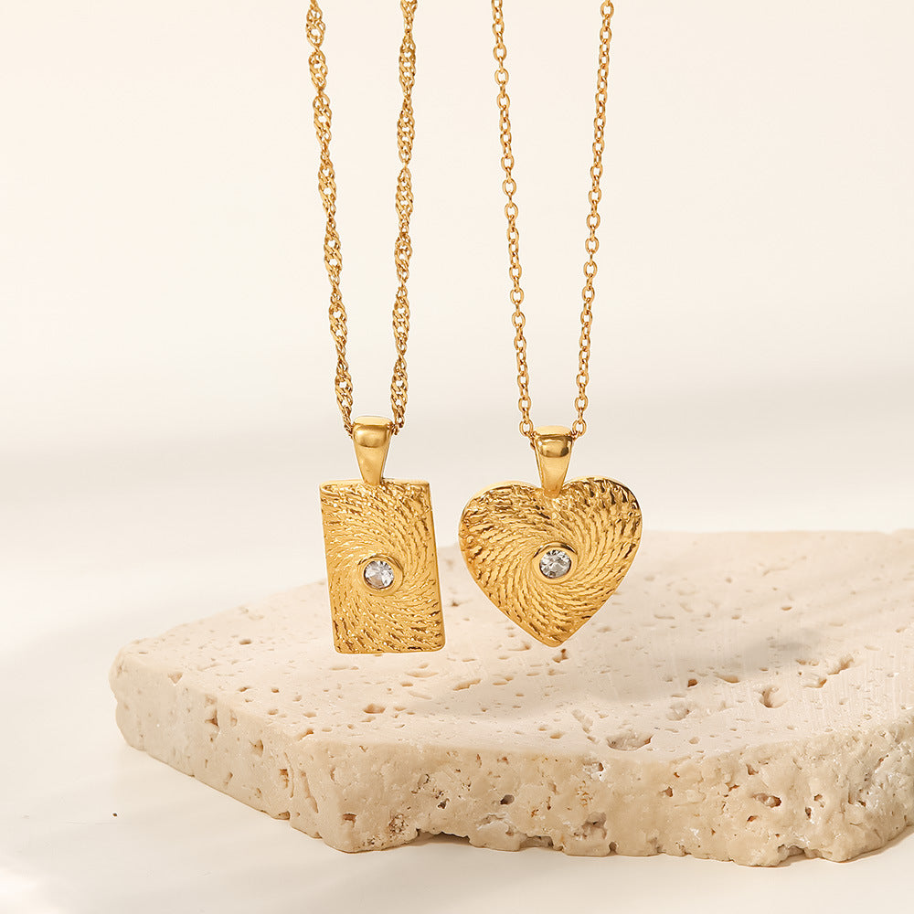 5pcs Geometry Texture Square Heart Titanium Steel Necklace 18K Gold Stainless Steel Zircon Heart Pendant Necklace