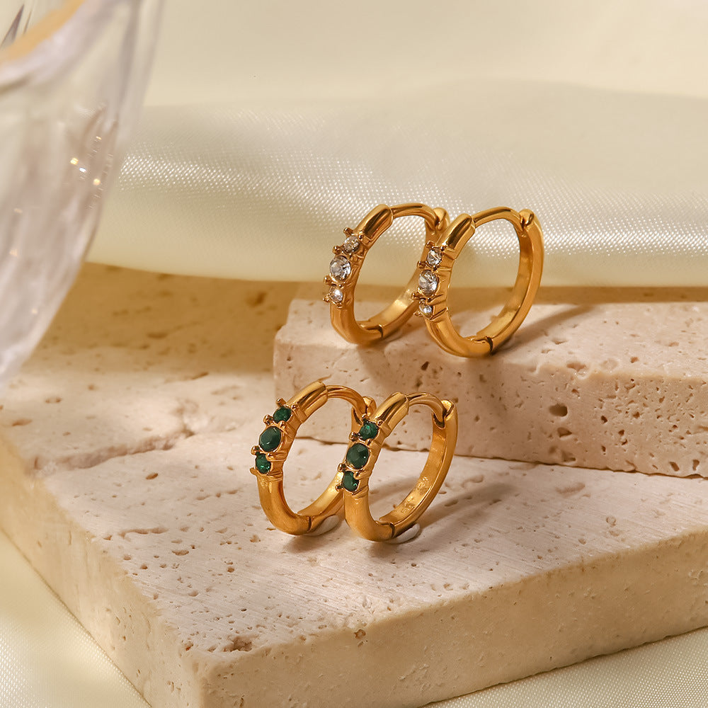 5pcs Women's Fashion All-Match Titanium Steel Earrings 18K Gold Plated With Three White Diamonds Round Ear