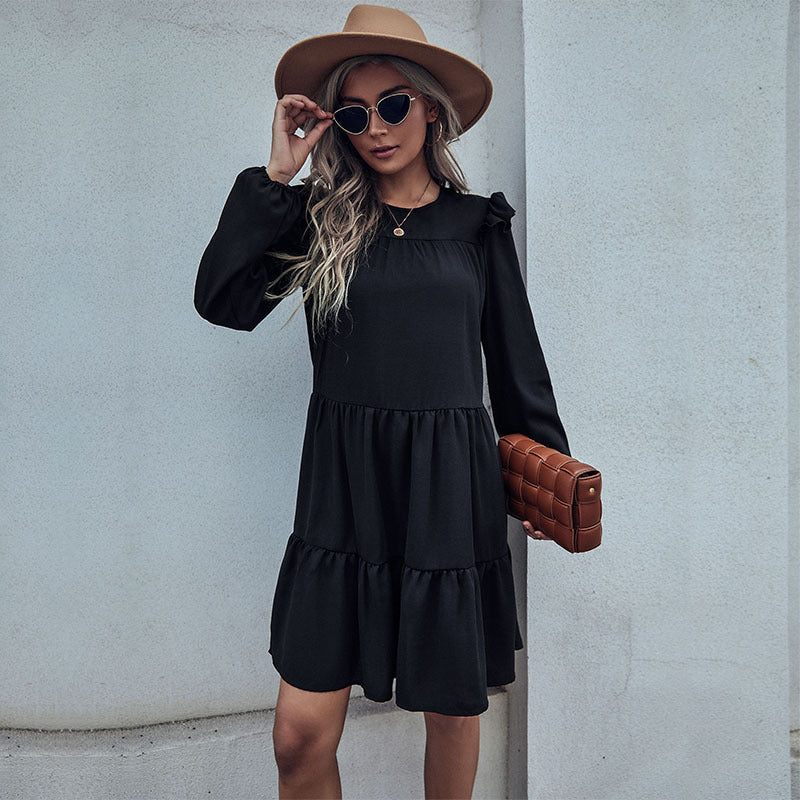 New Fashion Women's Long-Sleeved Black Loose Hepburn Dress