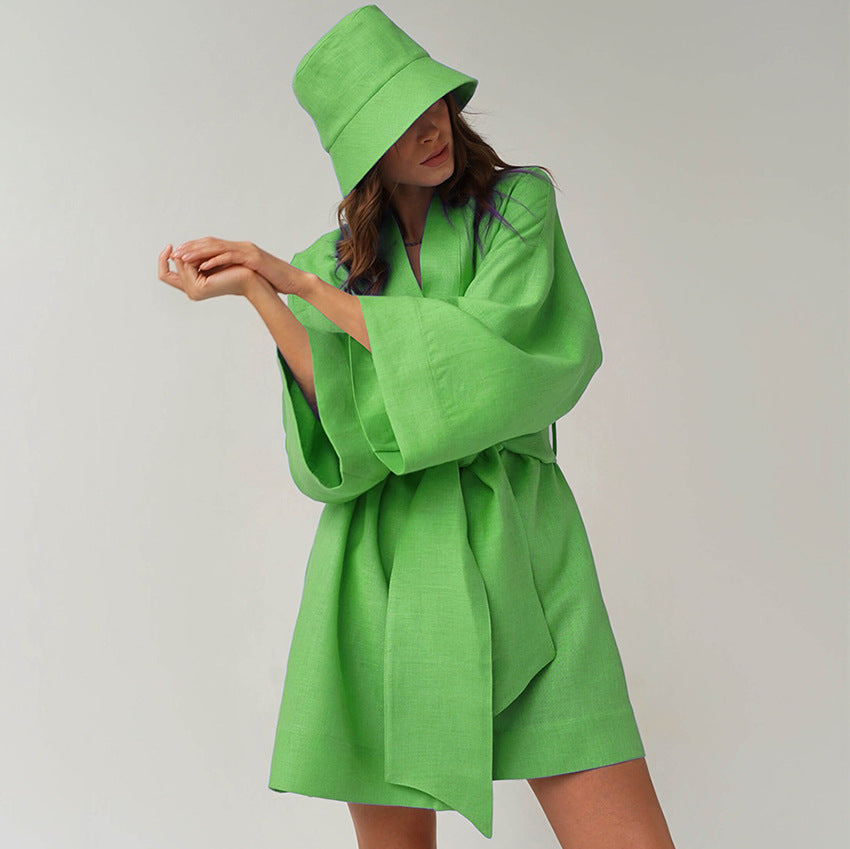 Autumn New Temperament Leisure Commute Wrapped Loose Cotton Hemp Belt High-Waisted Long-Sleeved Dress Women