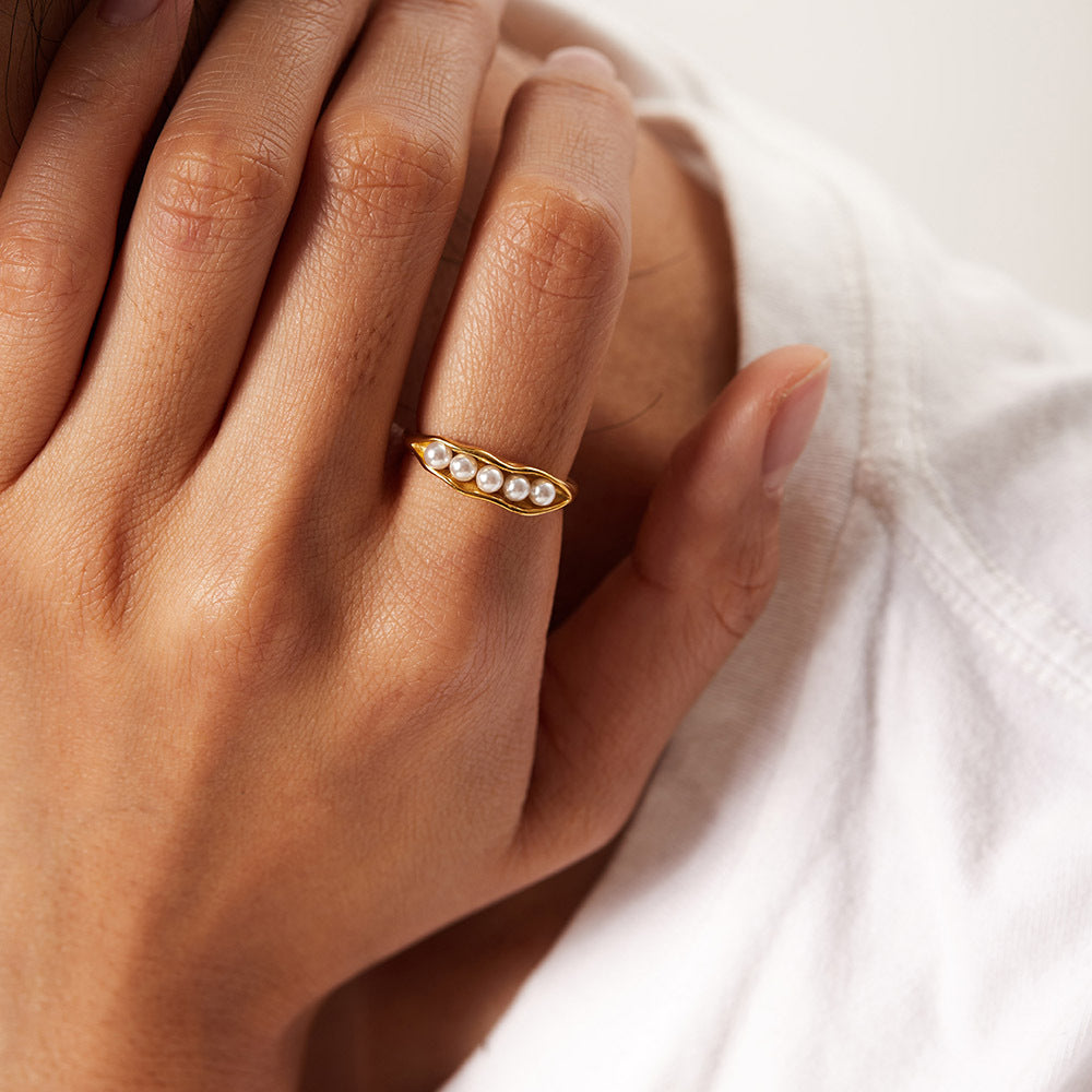5pcs 18K Gold Plated Stainless Steel Pea Pod Design White Pearl Adjustable Ring For Women Accessories