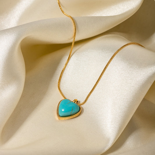 5pcs New Titanium Steel Necklace Women's 118K Gold Stainless Steel Love Shaped Turquoise Pendant Necklace