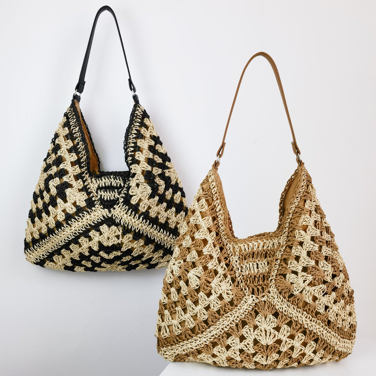 The New Hand-Made Straw Hollow Square Flower Big Triangle Color Contrast Woven Shoulder Bag