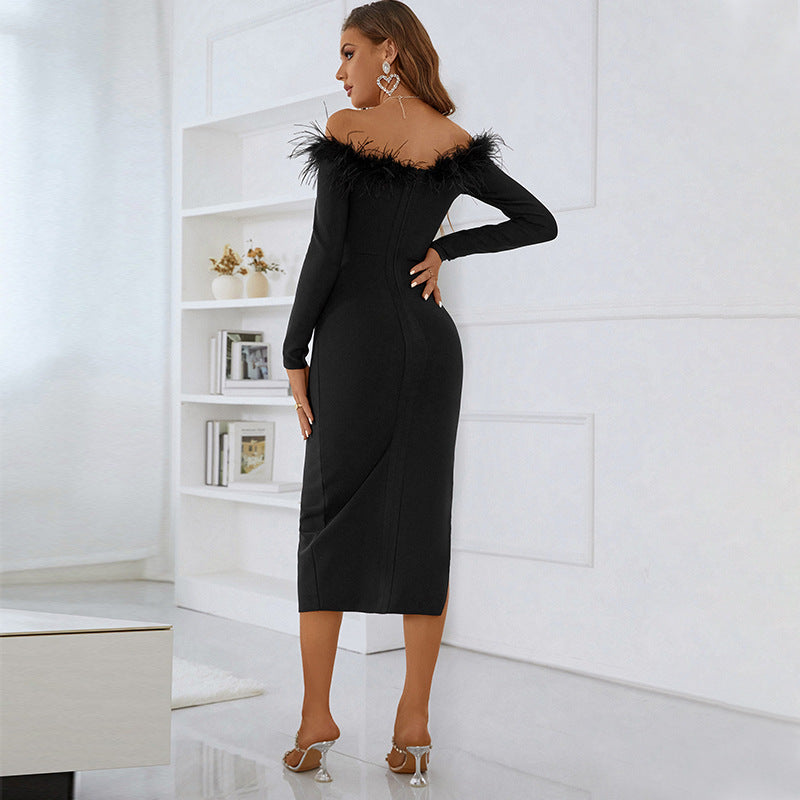Early Fall New Women's Long-Sleeved One-Line Collar Dress Bandage High-Grade Feather Dress Skirt Women