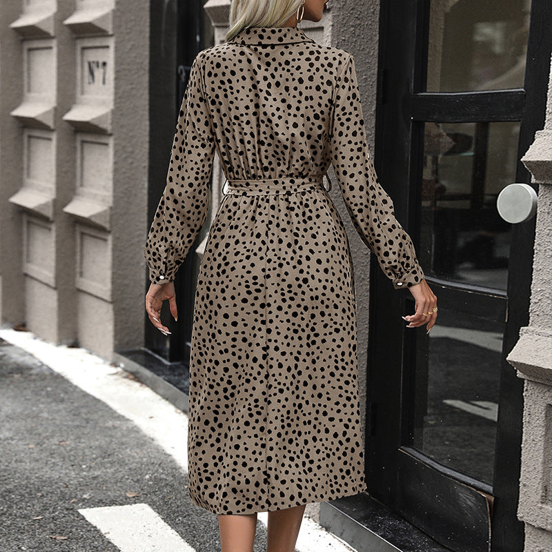 New Dress Lapel Button Temperament Dress Polka Dot Long Skirt High Waist Women Skirt With Belt