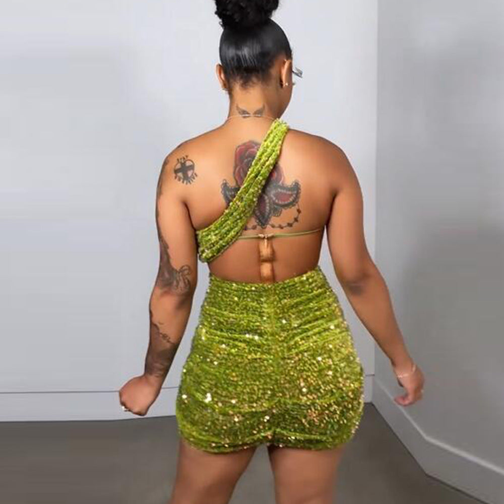 Green Sequin Mesh Perspective Oblique Shoulder Backless Chest Wrap Pleated Hip Skirt Wish Dress Female