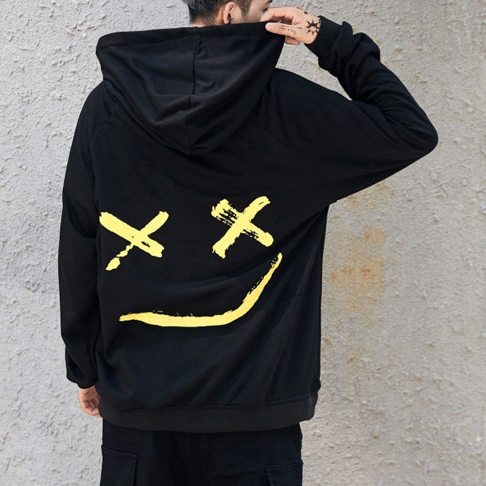Men's Casual Fashion Color Matching Smiley Hoodie Long Sleeve Sports Hooded Top Men's Wear