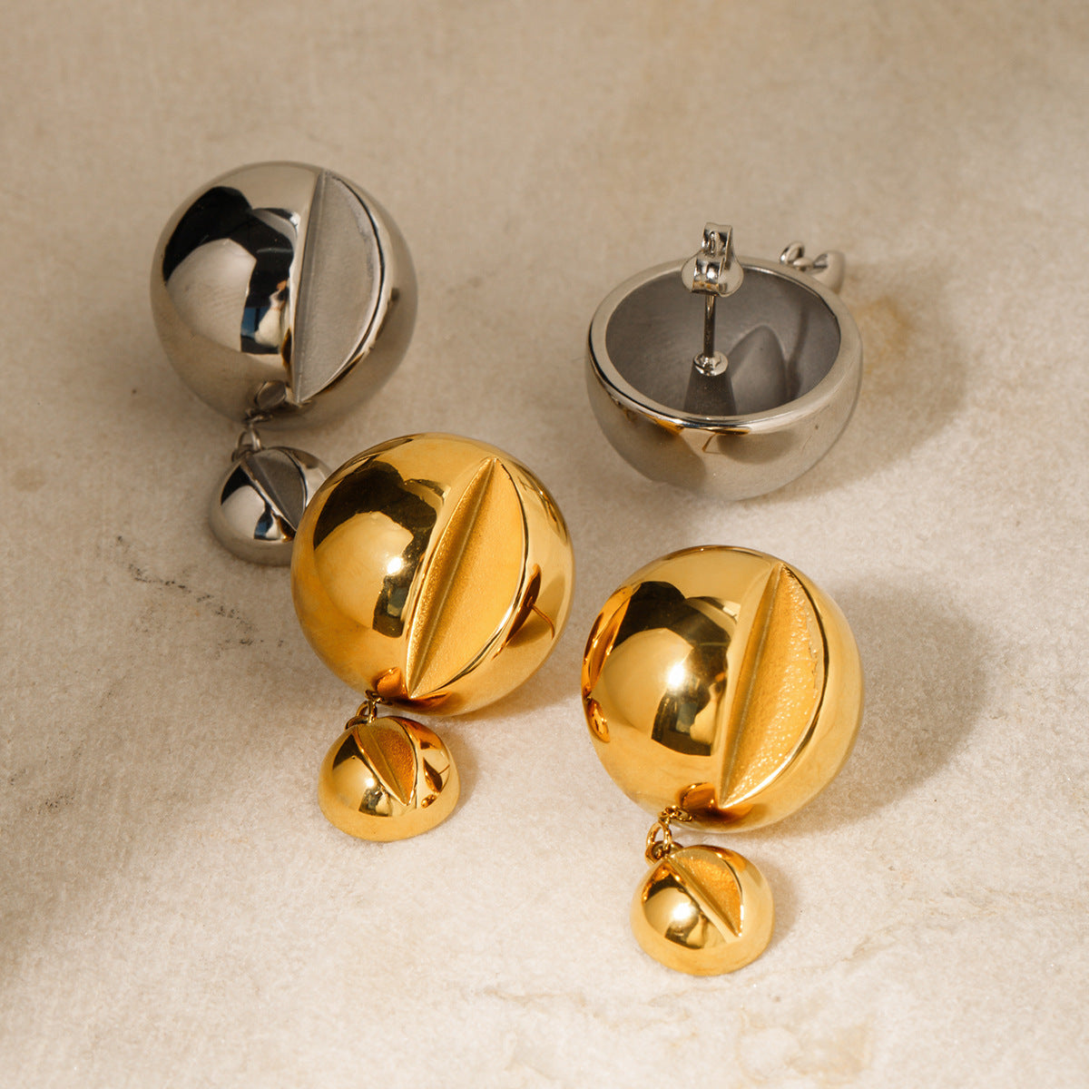5pcs 18-Karat Gold Stainless Steel Bright Side Hemisphere Double Ball Pendant Earrings Stainless Steel Jewelry