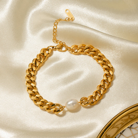 5pcs Stylish New 18K Gold-Plated Stainless Steel Cuban Chain Single Pearl Bracelet Individually Packaged Women's Bracelet