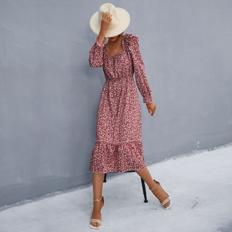 New Fashion Spring Women's Long-Sleeved Floral Square Collar Dress