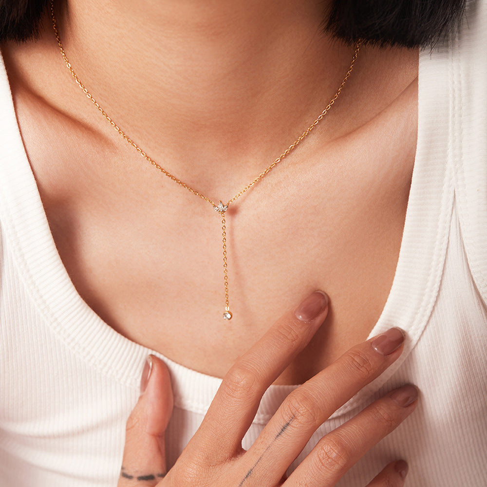 5pcs Fine Women's Fashion All-Match Titanium Steel Necklace 18K Gold Single Crown White Zircon Pendant Necklace