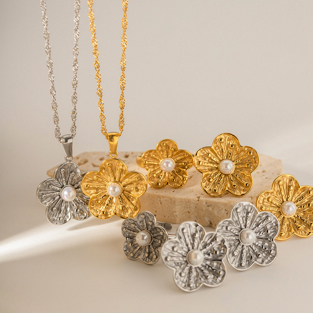 5pcs High-Grade Court Sense Titanium Steel Plated 18K Stainless Steel Double Flower Pendant Necklace Does Not Fade Necklace For Women Jewelry