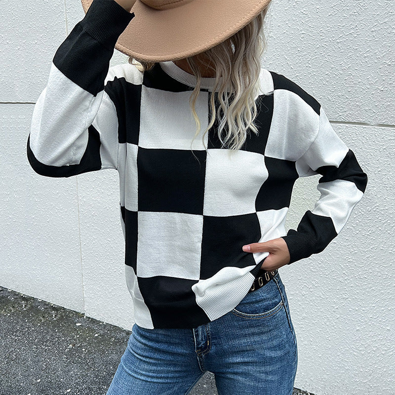 New Autumn And Winter Fashion Women's Long-Sleeved Black And White Checkerboard Sweater