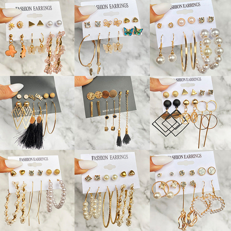 5 Sets New Retro Style Geometric Earrings 6 pairs Set Female Niche High-Grade Metal Stud Jewelry Set