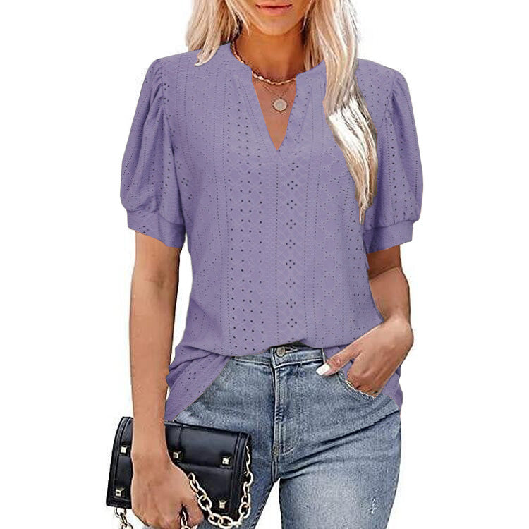 Spring And Summer Casual V-Neck Solid Color Hollow Puffy Sleeve Loose T-Shirt