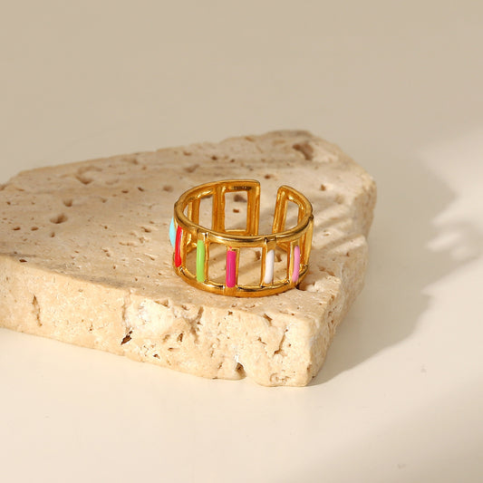5pcs Fashionable Drip Stainless Steel Ring Party 18K Gold Plated Jewelry Colored Enamel Open Ring For Women