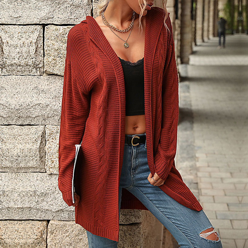 Chic Red Hooded Sweater Cardigan Coat