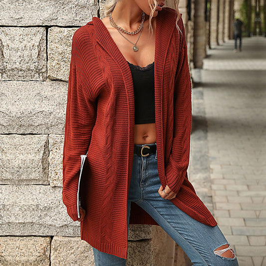 Chic Red Hooded Sweater Cardigan Coat