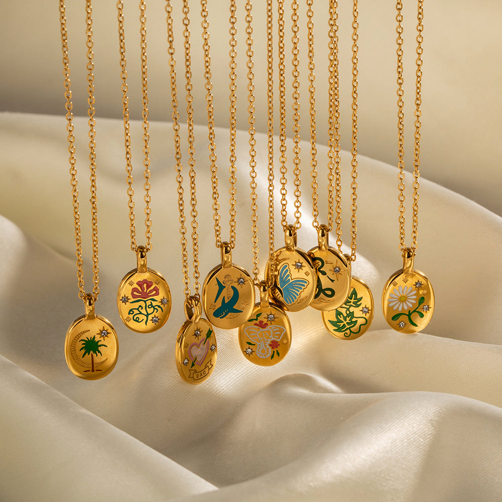 5pcs Style Enamel 18K Gold Plated Stainless Steel Pendant Necklace Does Not Fade Jewelry