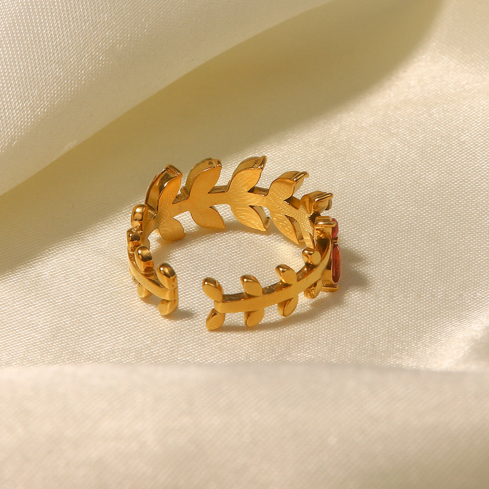 5pcs 18K Gold-Plated Zircon Leaf Opening Ring Women's Fashion All-Match Titanium Steel Ring