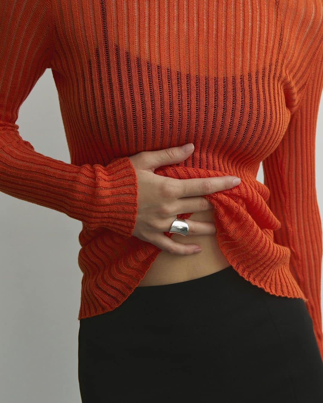 Spring And Summer New Solid Color Long Sleeve Pit Strip Round Neck Breathable Top For Women