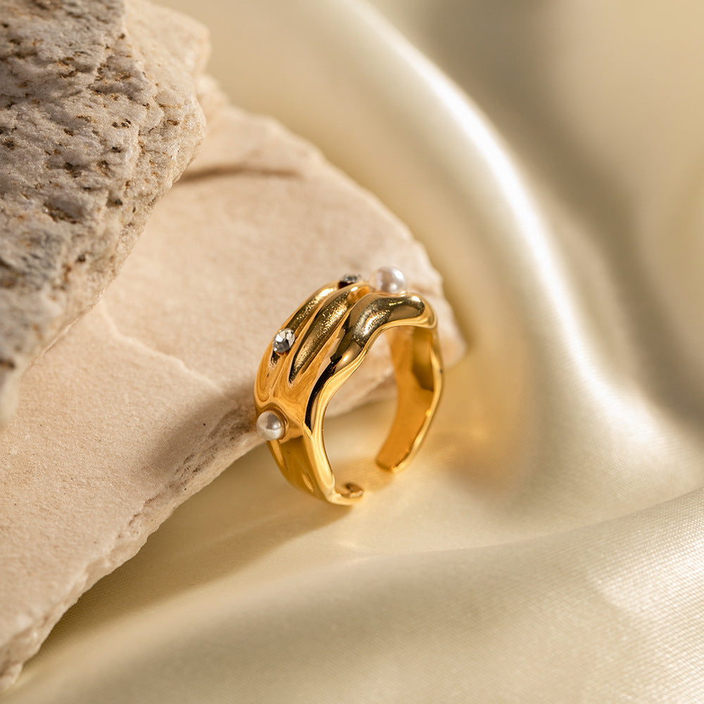5pcs 18K Gold Plated C-Shaped Inlaid Pearl Open Ring Non-Faded All-Match Stainless Steel Ring