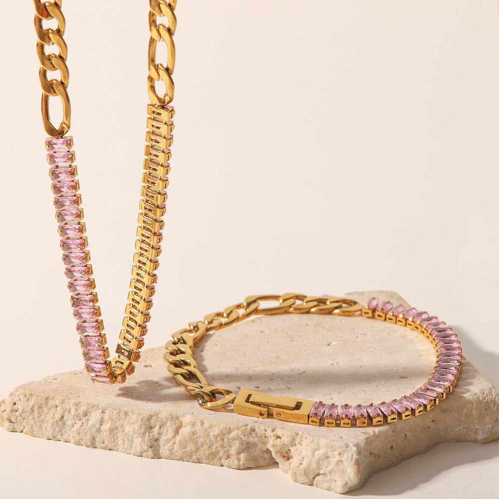 5pcs High-Grade Sense Of Light Luxury Temperament Female Fashion Colorful Zircon Inset Titanium Steel Fast Fading Necklace Bracelet