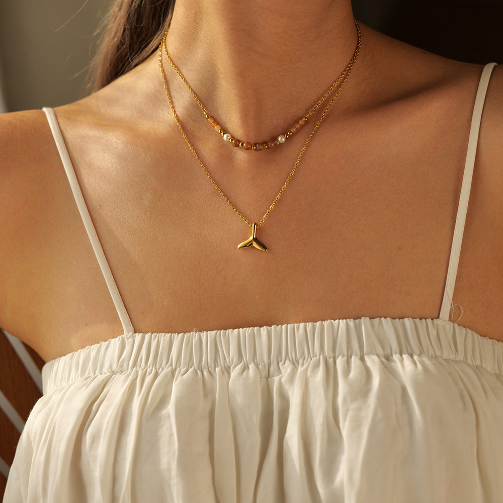 5pcs 18K Gold Stainless Steel Double Fishtail Pendant Necklace Does Not Fade Fashionable Accessories