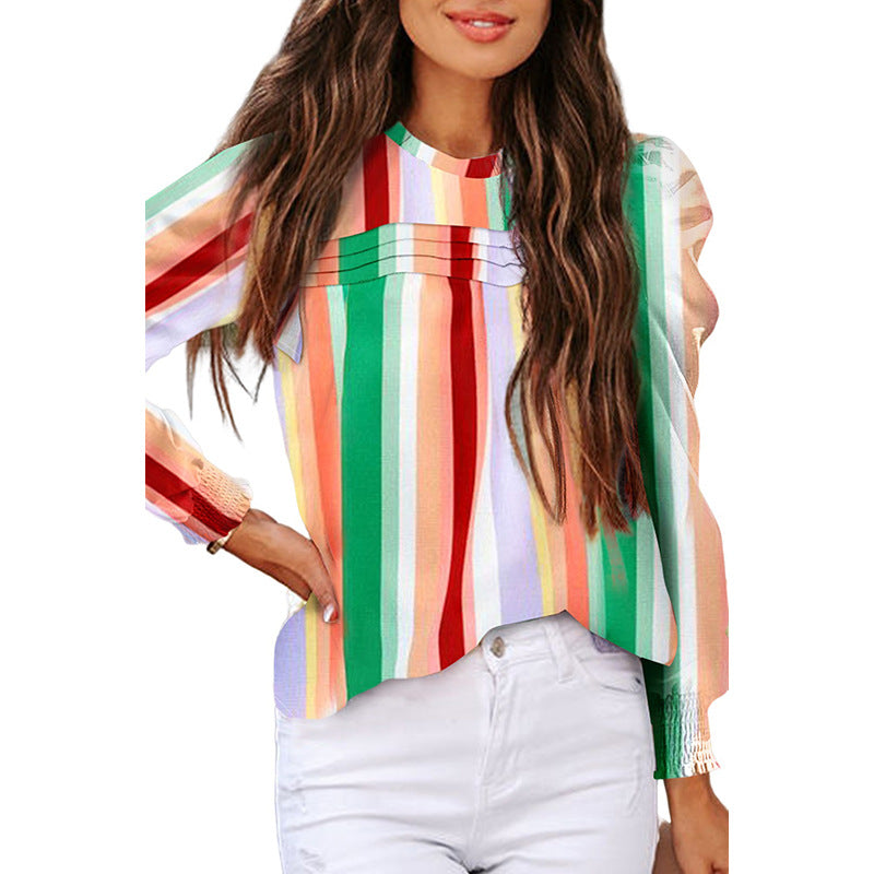 Thin Simple Striped Chiffon Shirt Women's New Autumn Pullover Round Neck Long Sleeve Blouse Women