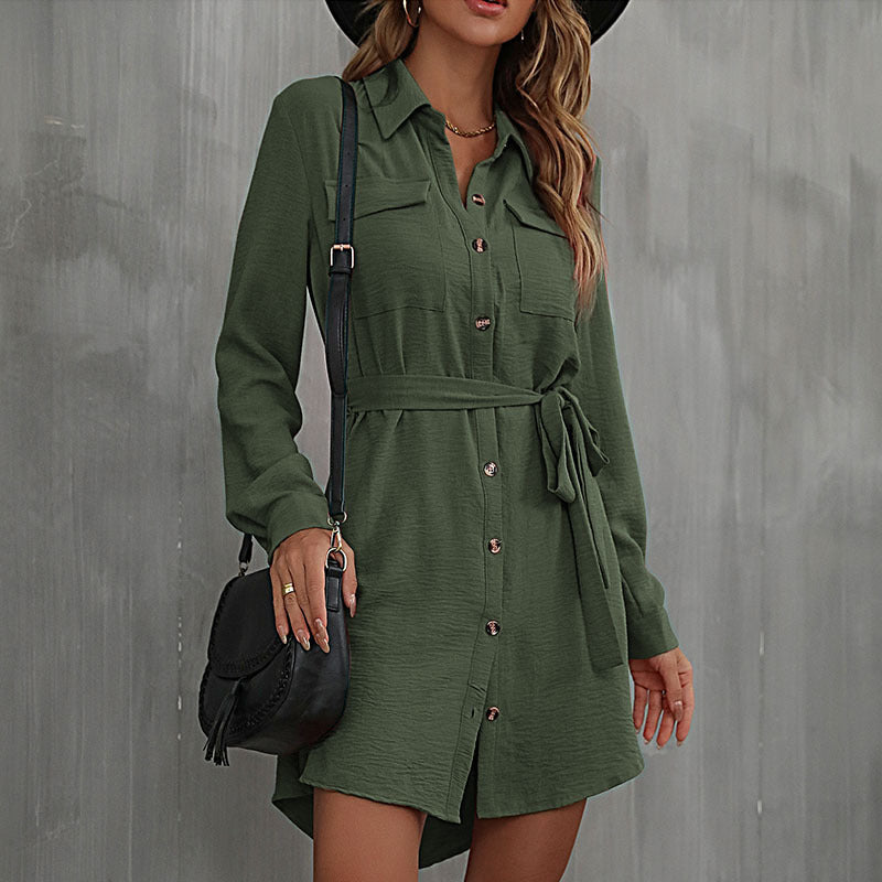 Early Autumn Fashion Dress Red Long-Sleeved Lapel Shirt Dress