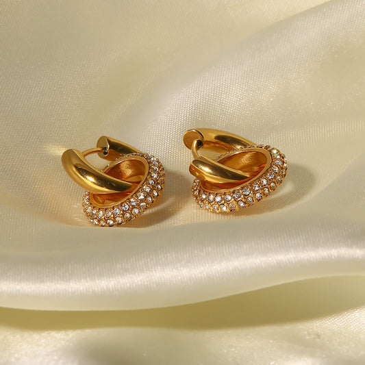 5pcs Diamond-Filled Detachable Gold Earrings For Women Atmospheric Simple Fashion All-In-One Titanium Steel Non-Faded High-Grade Temperament Earrings
