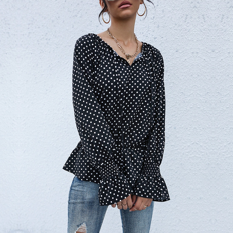 Fashion Women's Tie Black Polka Dot Long-Sleeved Shirt Women Spring And Autumn