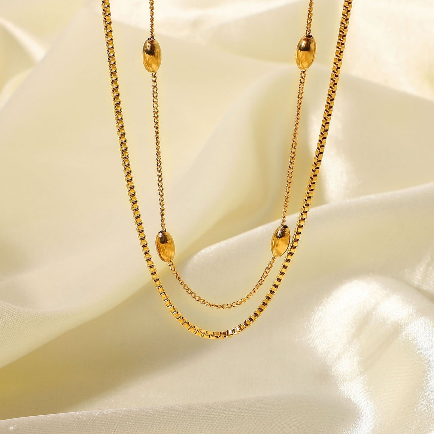 5pcs New Hot-Selling 18K Gold-Plated Stainless Steel Jewelry Oval Beads Double Necklace Jewelry For Women