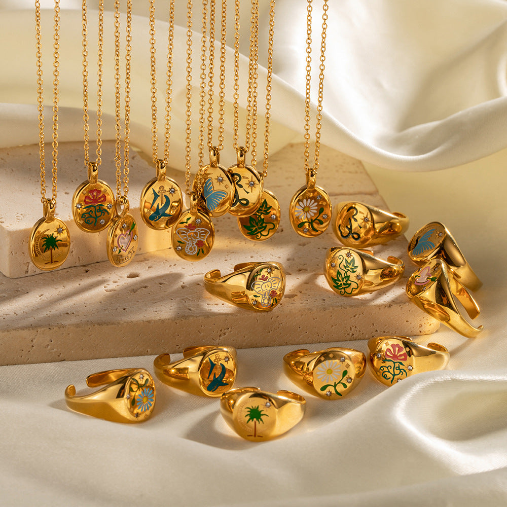 5pcs Style Enamel 18K Gold Plated Stainless Steel Pendant Necklace Does Not Fade Jewelry