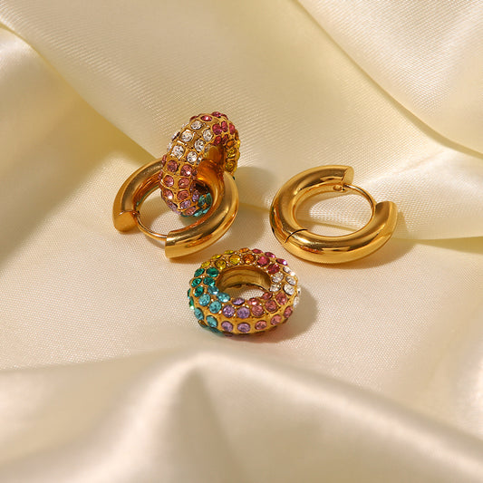 5pcs Jewelry 18K Gold Plated Multicolor Full Diamond Doughnut New Fashion All-In-One Earrings
